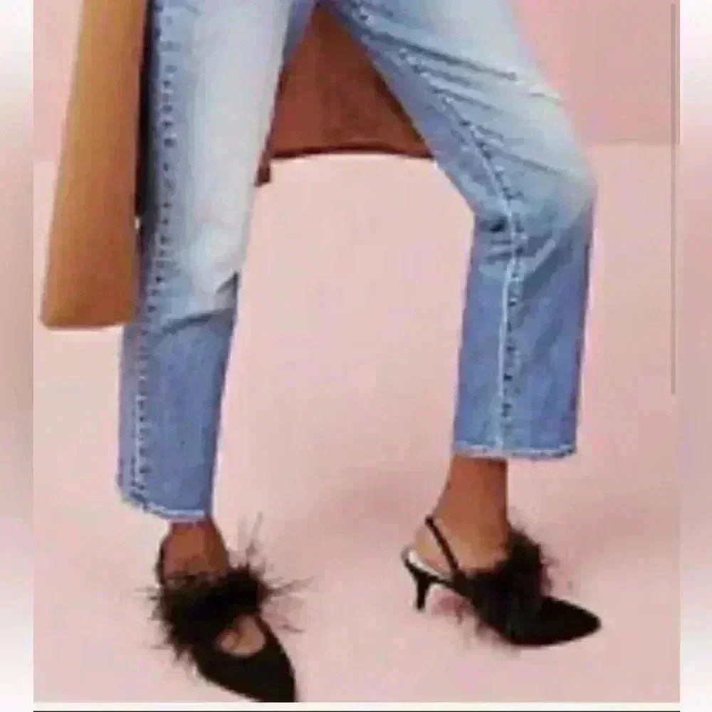 Loeffer Randall JCrew Juno kitten heel mules with feathers in black